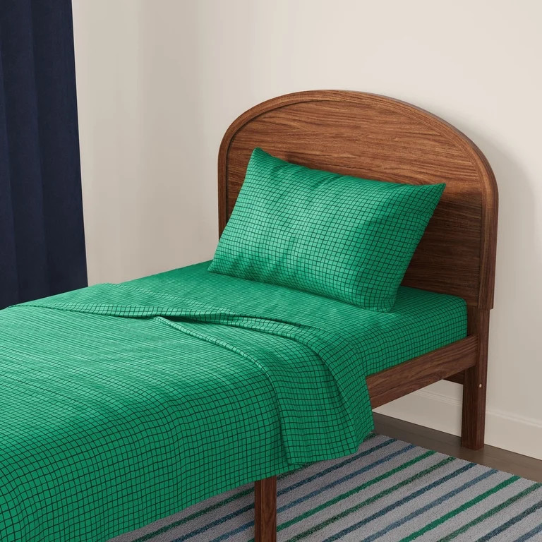 Mainstays Kids 100% Cotton Percale Bed Sheet Set, Twin, Green Grid, 3 Pieces | Walmart (US)