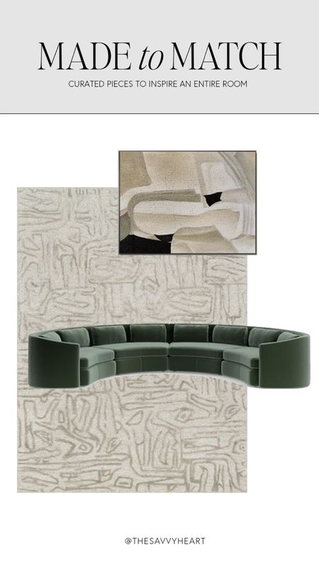 Modern contemporary living room design with sage green velvet curved sofa, abstract art work and graphic abstract area rug

#LTKhome