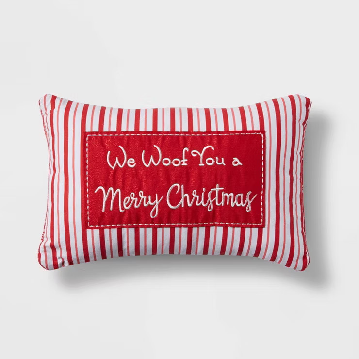 Reversible 'We Woof You a Merry Christmas'/Snowflakes Decorative Lumbar Pillow Red/White - Wonder... | Target