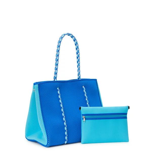 No Boundaries Women's 2-Piece Neoprene Beach Tote Handbag with Removable Zipper Pouch, Blue | Walmart (US)