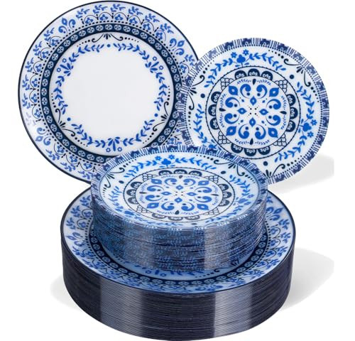 Hioasis 60pcs Blue Plastic Plates Set - Floral Blue & White Porcelain Design, 10.25" Dinner & 7.5" Dessert Plates Disposable for Wedding/Party (Dishwasher Safe, Traditional Style) | Amazon (US)