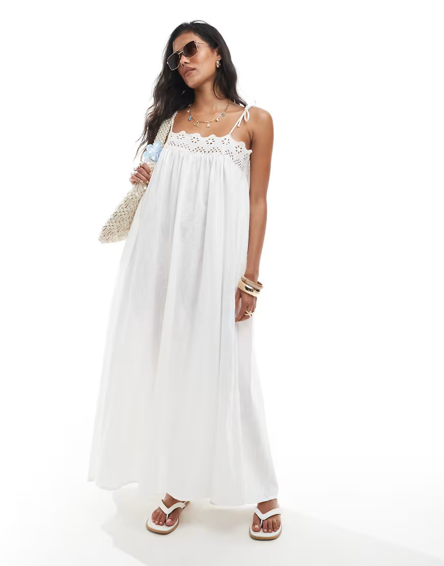 ASOS DESIGN crinkle maxi beach dress with eyelet trim in white | ASOS (Global)