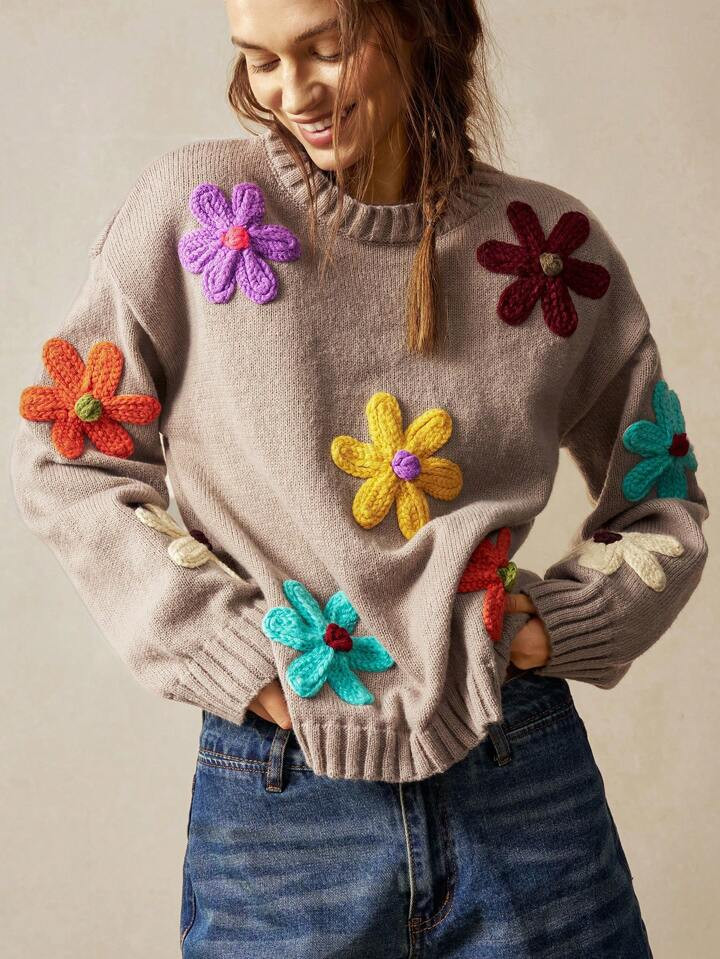 Bohemela Women's Round Neck Long Sleeve Loose Fit Floral Decoration Sweater | SHEIN