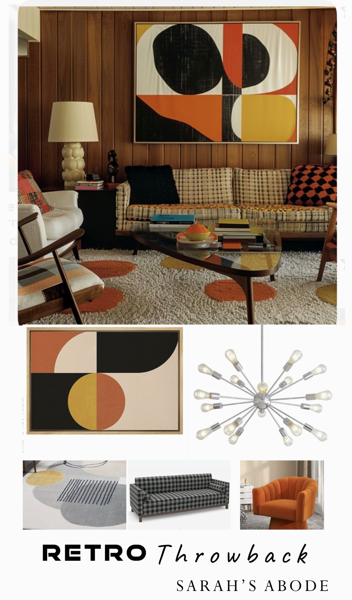 Retro throwback look-a-like. Groovy orange, black and yellow. Can you dig it? 

1960s, retro family room, living room, geometric art, modern rug, geometric rug, spudnick chandelier, mid century modern, retro sofa, plaid sofa, vintage  #LTKFamily

#LTKHome #LTKSeasonal #LTKSaleAlert