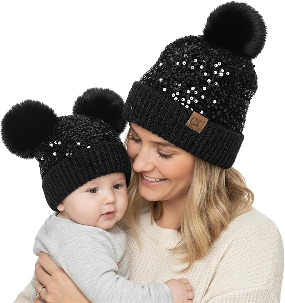 Funky Junque Mommy & Me Double Pom Beanies – Mama & Mini Matching Winter Outfits, Mom & Infant ... | Amazon (US)