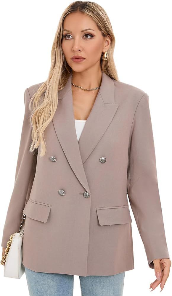 Women's Oversized Blazer Jacket Double-Breasted Suit with Pockets Long Sleeve Outfit for Business... | Amazon (US)