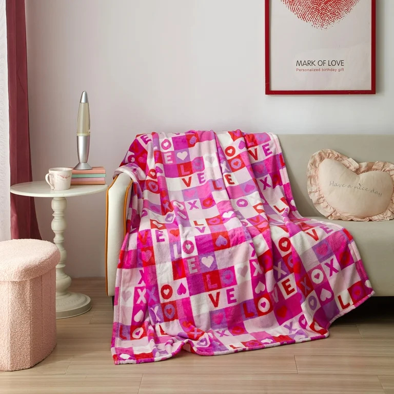 Love Checkered Valentine's Day Plush Throw Blanket 50"x60", by Way To Celebrate for Adults | Walmart (US)