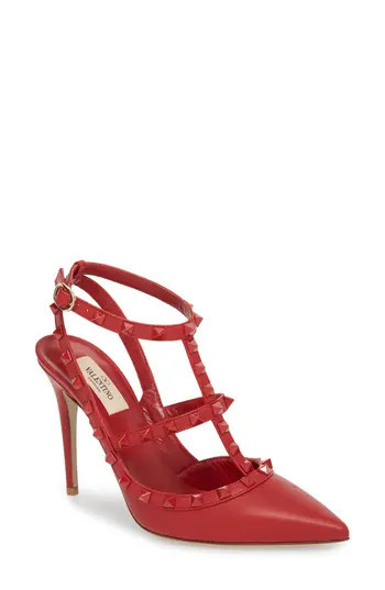 Women's Valentino Garavani Rockstud T-Strap Pump, Size 5US / 35EU - Red | Nordstrom