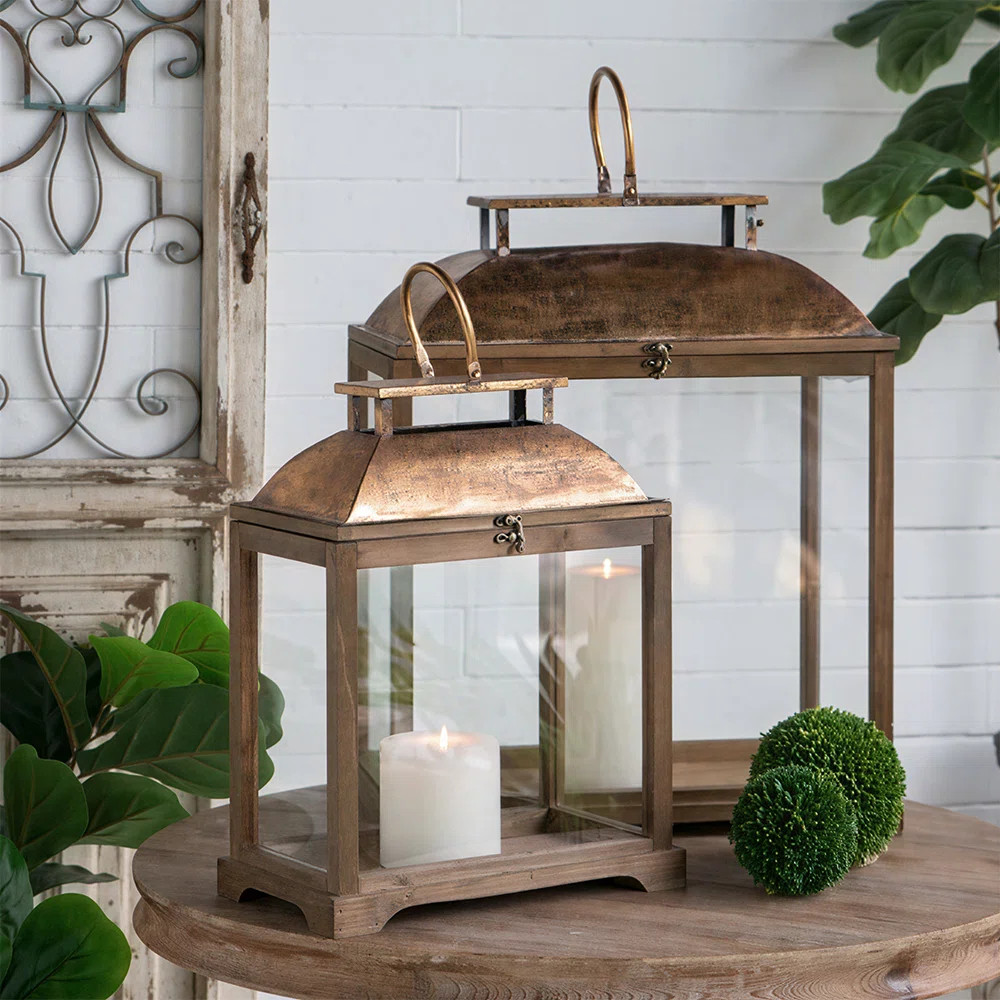 Wooden Lantern with Metal Top, Rustic Glass Candle Lantern Decor (Set of 2) | Wayfair North America