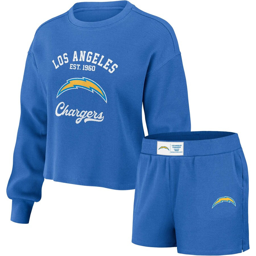 Los Angeles Chargers WEAR by Erin Andrews Women's Waffle Knit Long Sleeve T-Shirt & Shorts Lounge... | Fanatics