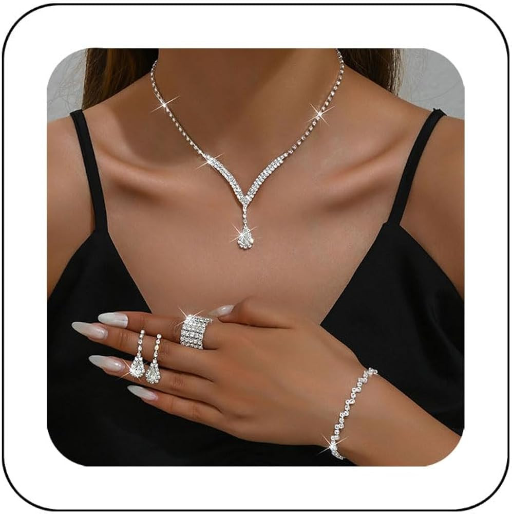 Unicra Bridal Wedding Jewelry Set Silver Rhinestone Necklace Earrings Sets Formal Costume Jewelry... | Amazon (US)