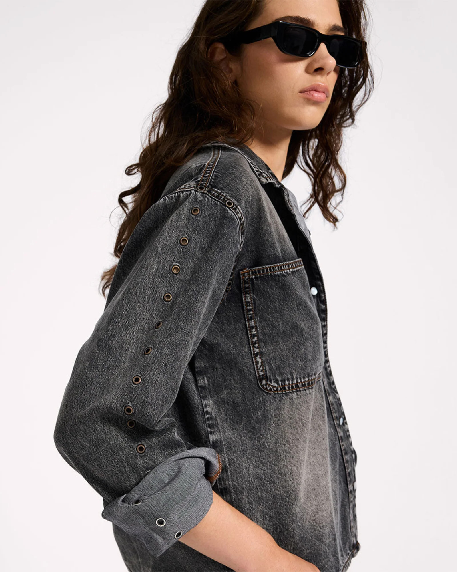 Nixie Eyelet Classic Fit Denim Shirt - Charcoal Black | One Teaspoon | OneTeaspoon