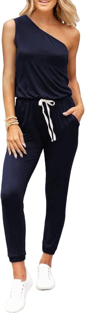 PRETTYGARDEN Women's One Shoulder Sleeveless Dressy Jumpsuits Elastic Waist Beam Foot Summer Rompers | Amazon (US)