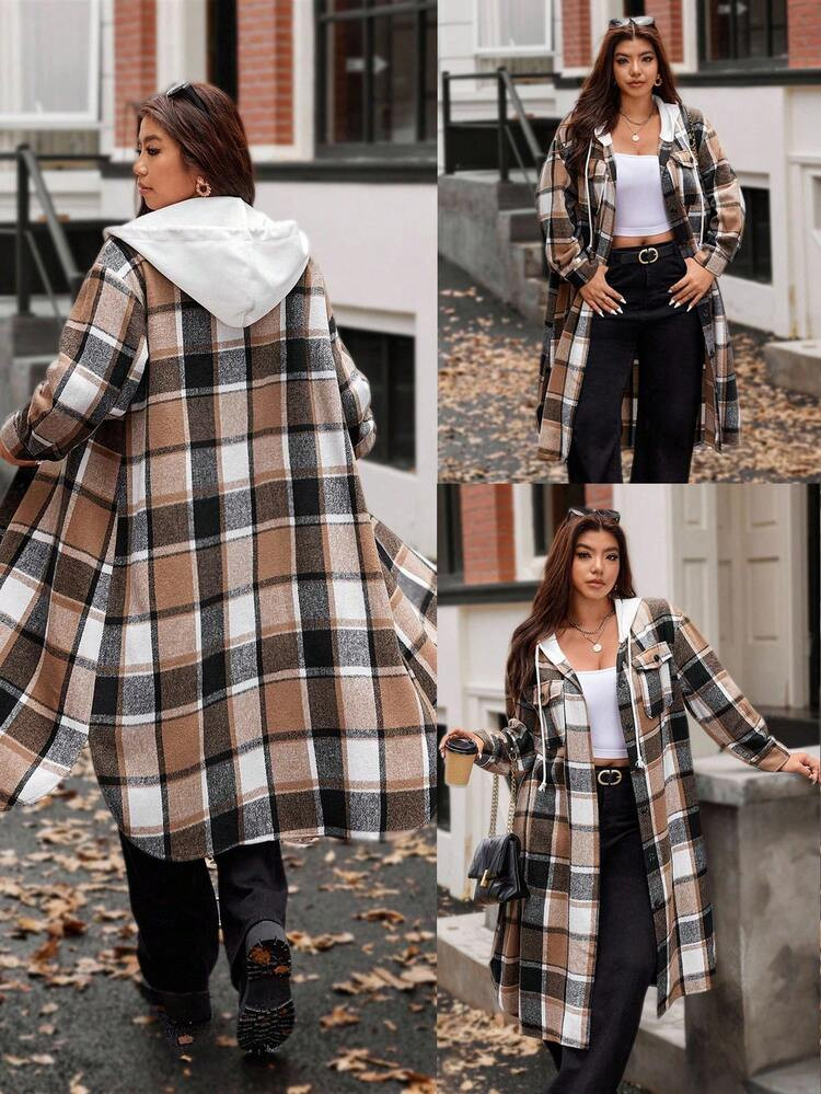 Vionelle Plus Size Plaid Patchwork Casual Jacket Winter Autumn Fall | SHEIN
