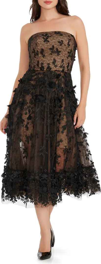 Kailyn Floral Appliqué Strapless Midi Dress | Nordstrom