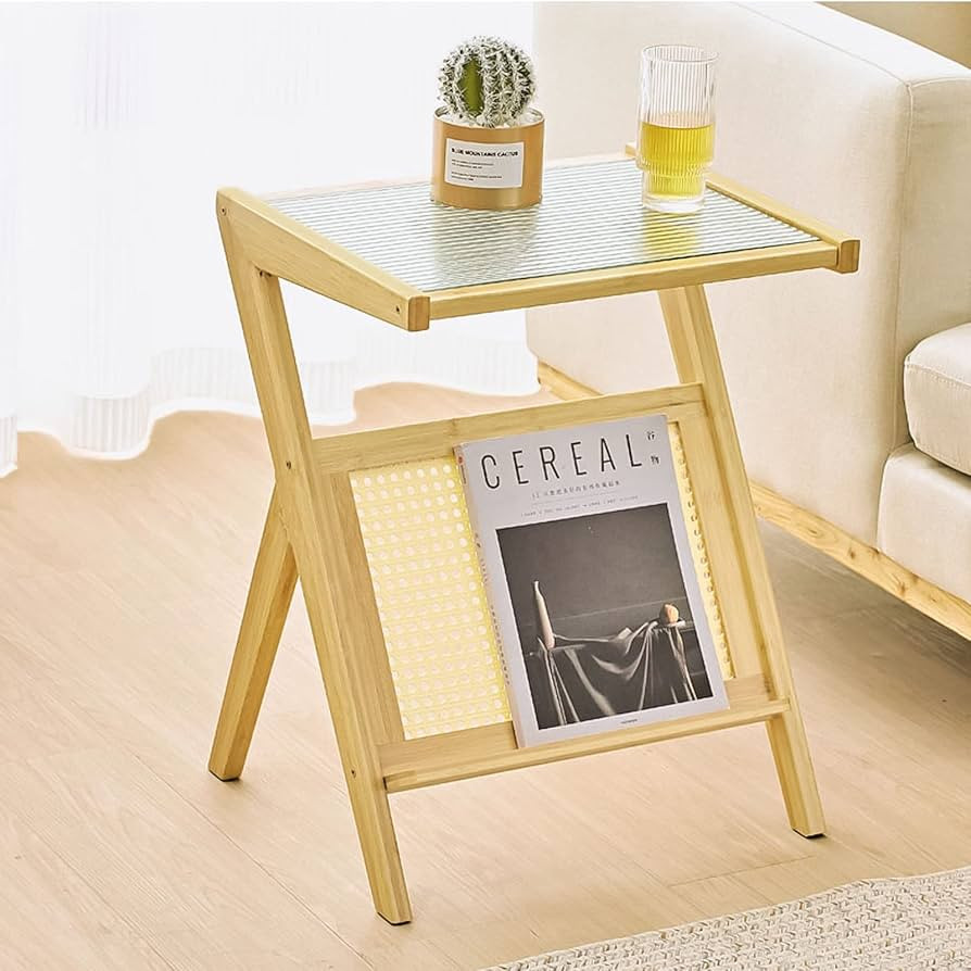 RêveLife Bamboo End Table with Magazine Rack Glass-top Sofa Side Table Accent Bedside Nightstand... | Amazon (US)