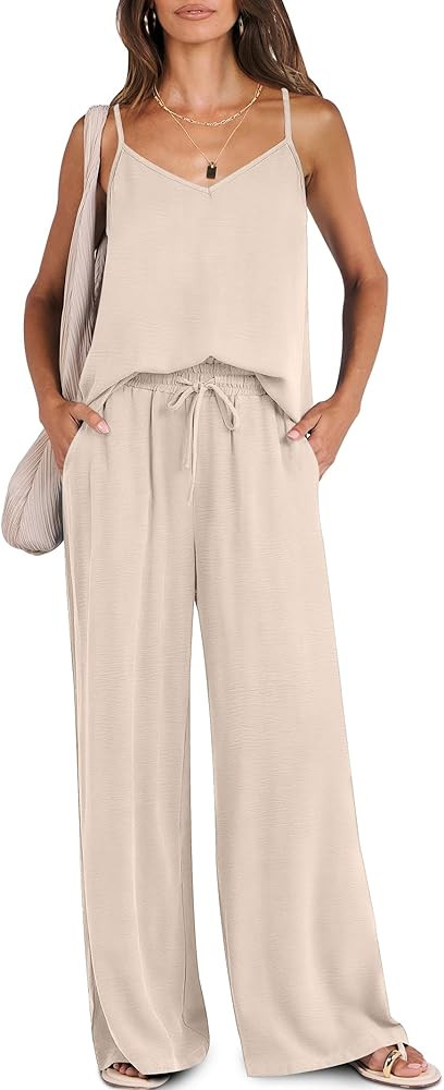 Caracilia 2 Piece Lounge Sets for Women Summer Casual Matching Wide Leg Pants Beach Travel Vacati... | Amazon (US)