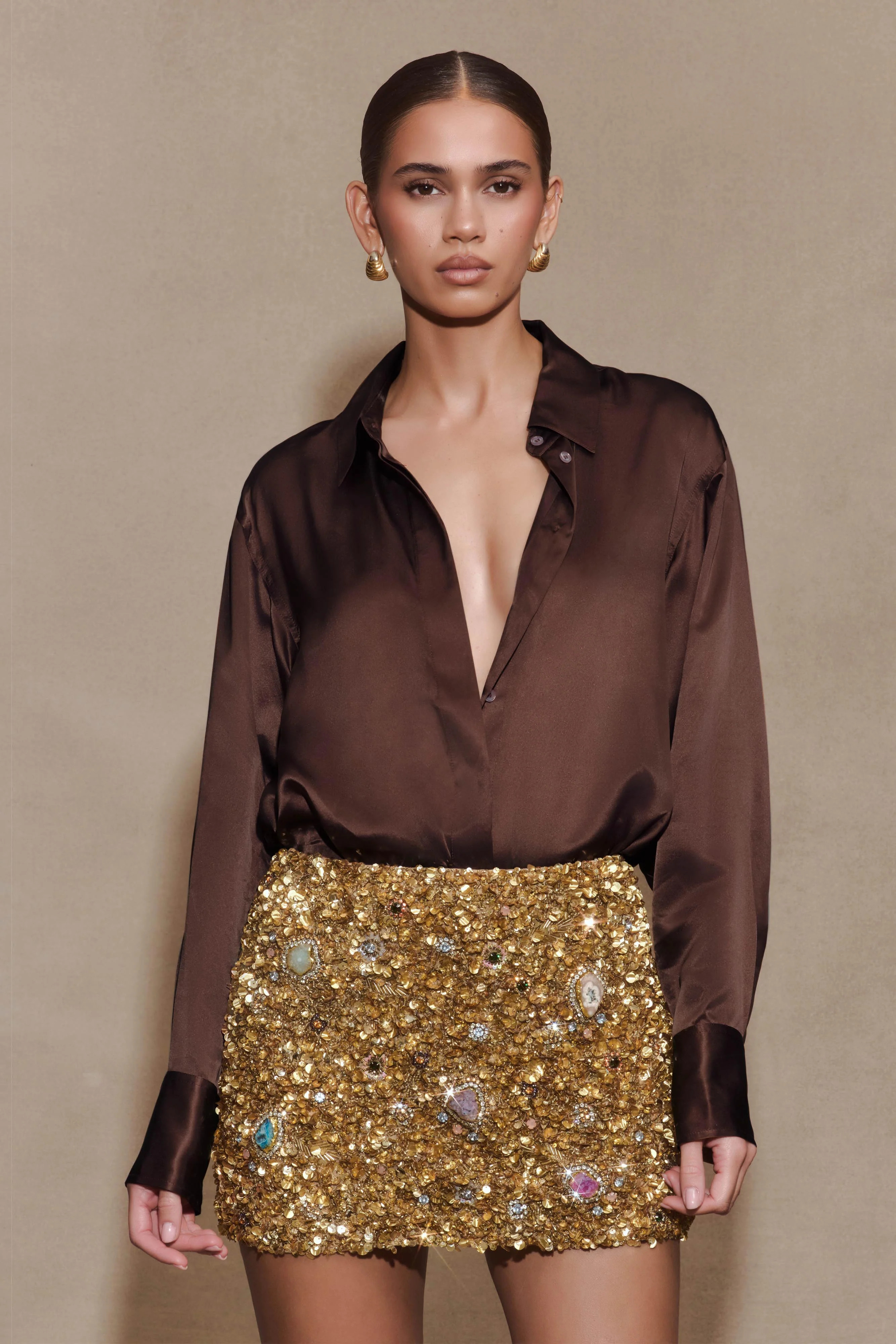 Porter Hand Beaded Mini Skirt - Gold | Meshki UK