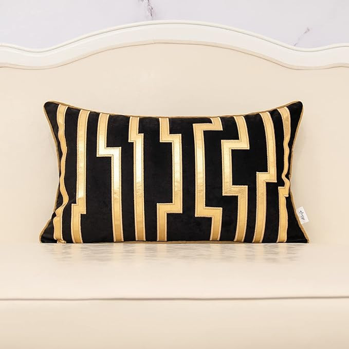 Alerfa Geometric Gold Leather Striped Throw Pillow Cover 12x20 Inch, Luxury Velvet Embroidered De... | Amazon (US)