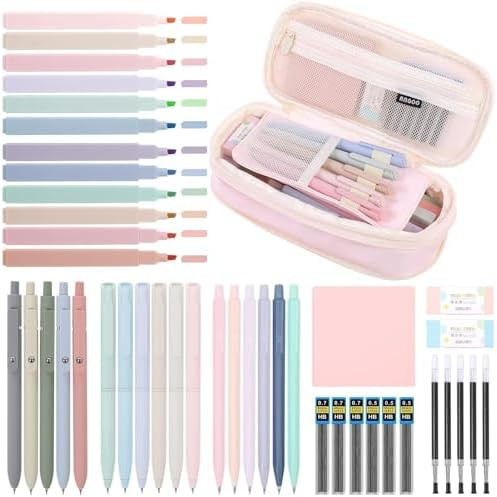 SKYDUE Cute School Supplies 44 PCS, Aesthetic Pencil Case with 12 Pastel Highlighters, 5 Black Ge... | Amazon (US)
