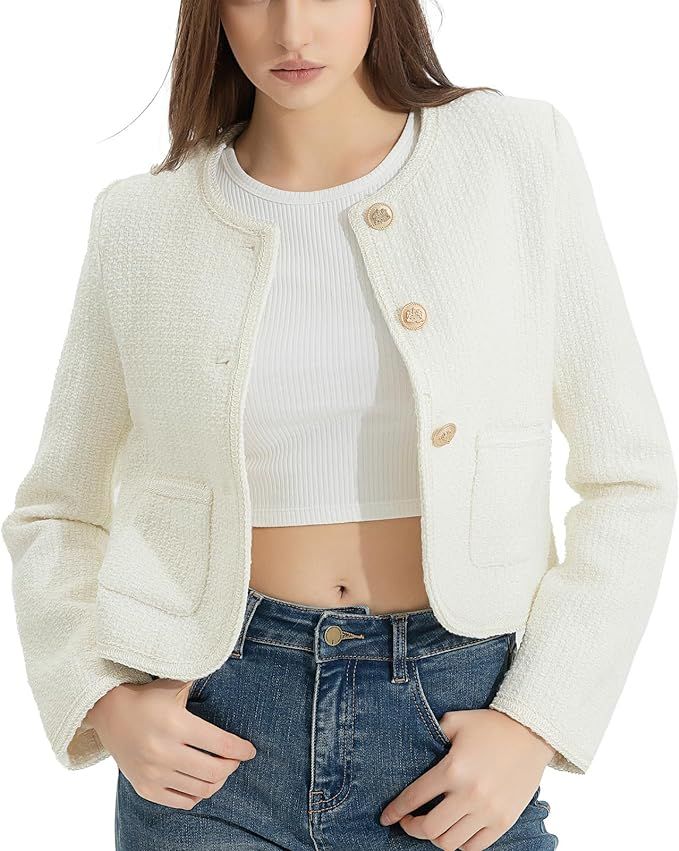 Tweed Casual Blazer Jacket for Women Cropped Crew Open Front Gold Button Blazer Office | Amazon (US)