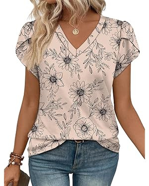 WIHOLL Womens Tops Dressy Casual Petal Sleeve Summer Spring Short Sleeve V Neck Shirts Work Busin... | Amazon (US)