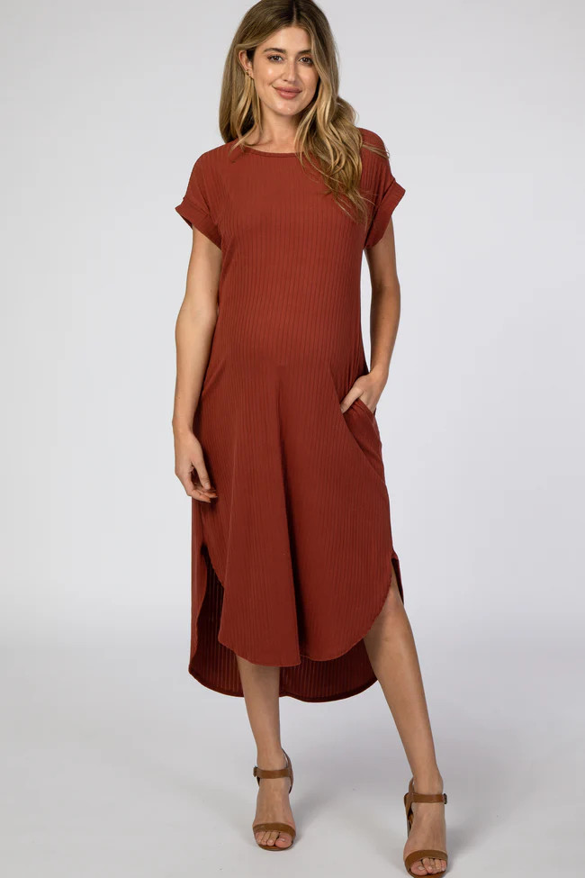 Rust Ribbed Curved Hem Maternity Midi Dress | PinkBlush Maternity