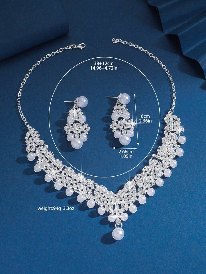 1 Set Pearl Necklace, Elegant Bridal Jewelry, Includes Necklace & Earrings With Alloy Rhinestones & Pearls | SHEIN
