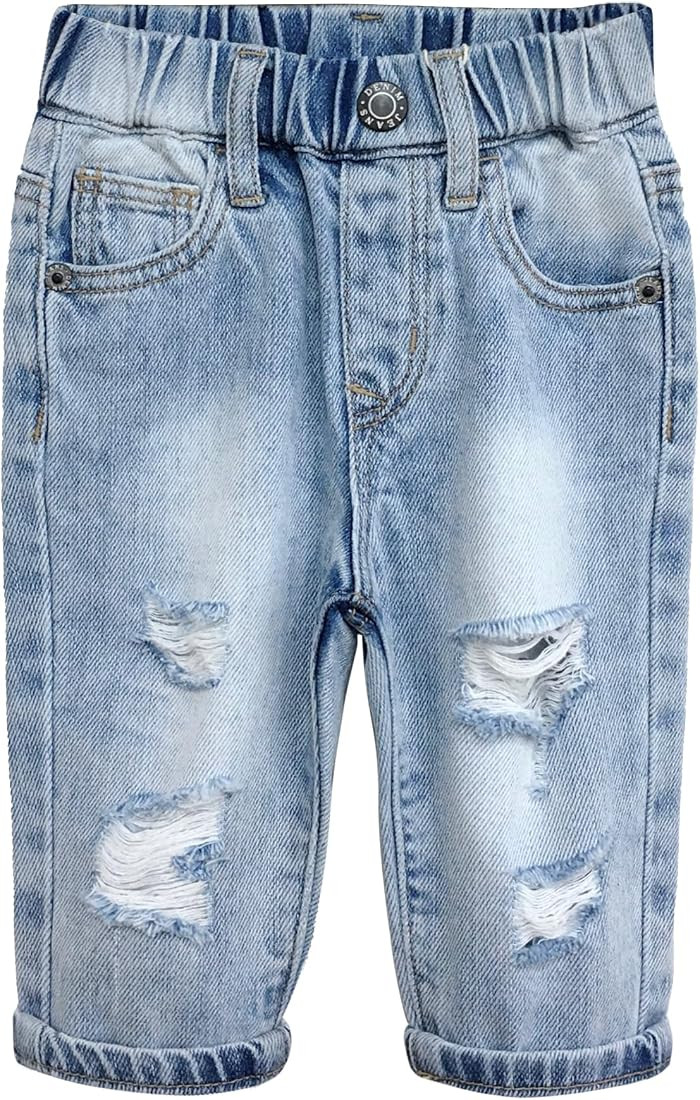 KIDSCOOL SPACE Infant Jeans,Baby Toddler Elastic Waist with D-Ring Ripped Denim Pants | Amazon (US)