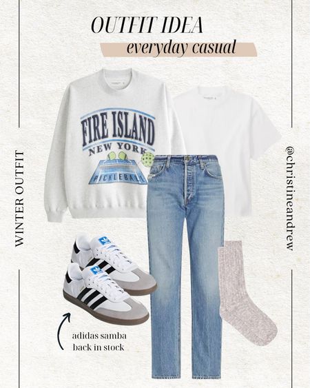 Everyday casual winter outfit idea ❄️ my favorite adidas samba sneakers are finally back in stock! These always sell out so fast so grab them if you want them 🫶🏼 and these Abercrombie sweatshirts are SO soft - I like them oversized and got men’s size Large. 

Casual outfit; winter outfit; adidas samba; Abercrombie; agolde jeans; mom outfit; saks; straight leg jeans; school drop off outfit; graphic sweatshirt; Christine Andrew 

#LTKstyletip #LTKfindsunder100 #LTKshoecrush