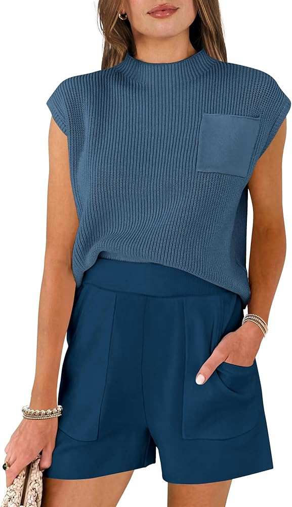 Caracilia Women's Two Piece Outfits Sweater Sets Knit Pullover Tops and Shorts Tracksuit Lounge S... | Amazon (US)