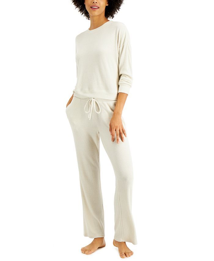 Alfani Ribbed Wide Leg Pajama Set, Created for Macy's & Reviews - All Pajamas, Robes & Loungewear... | Macys (US)