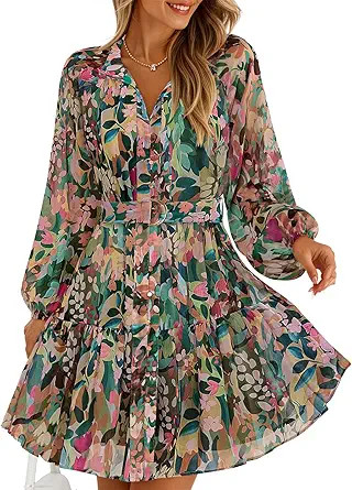 ZESICA Womens Floral Long Sleeve Mini Dress Spring Button Chiffon A Line Swing Short Wedding Gues... | Amazon (US)