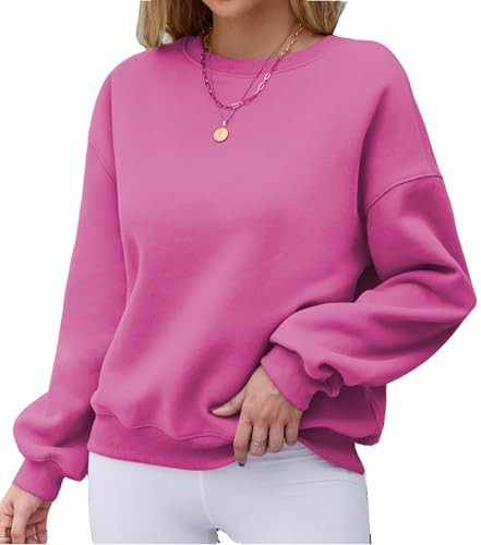 Hount Womens Pink Crewneck Sweatshirt Fashion Loose Fit Long Sleeve Fleece Pullover Sweater y2k Teen Girls Sweatshirts Hot Pink,L | Amazon (US)