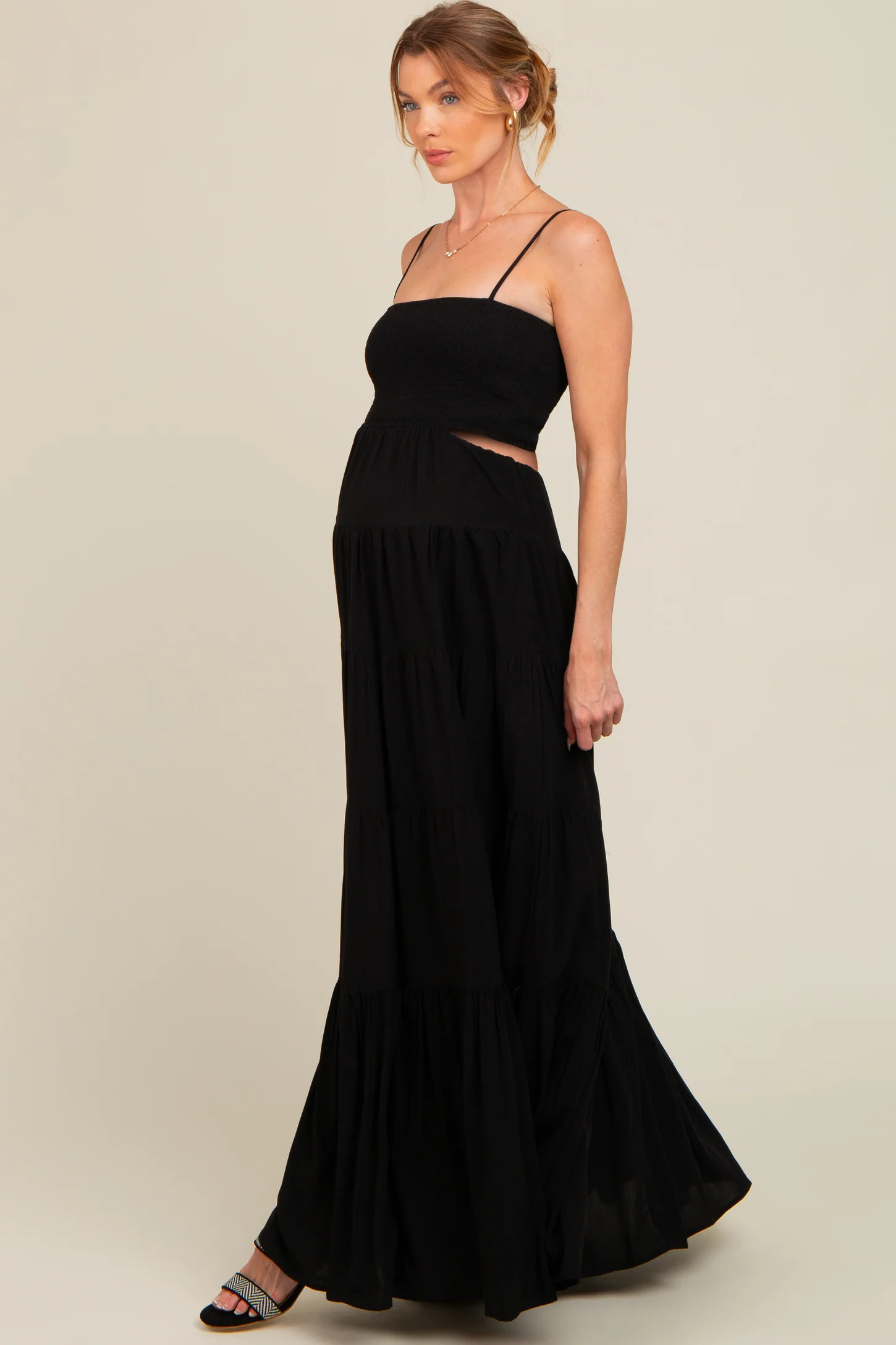 Black Smocked Cutout Maternity Maxi Dress | PinkBlush Maternity