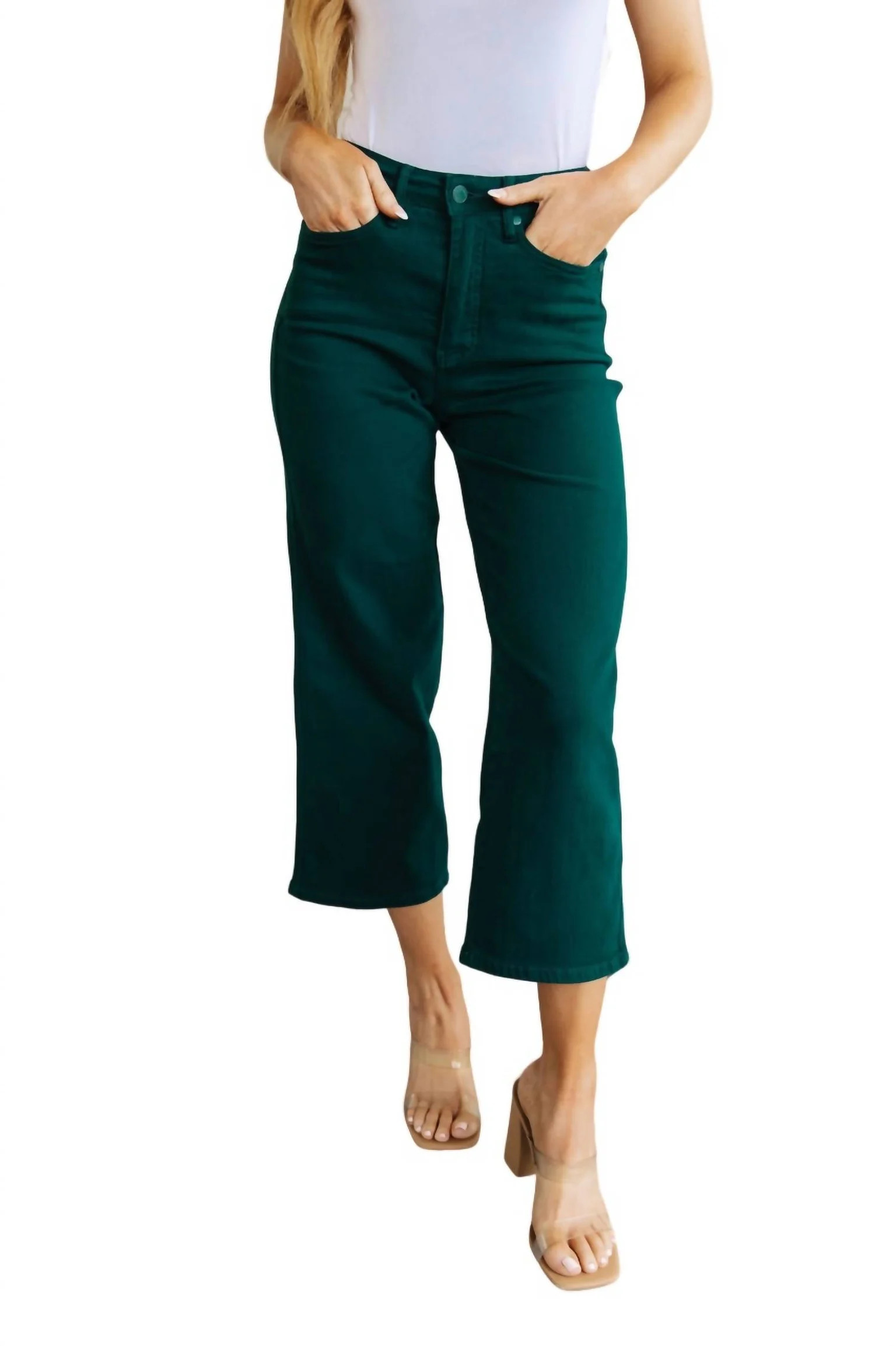 High Rise Control Top Wide Leg Crop Jeans In Teal | Verishop