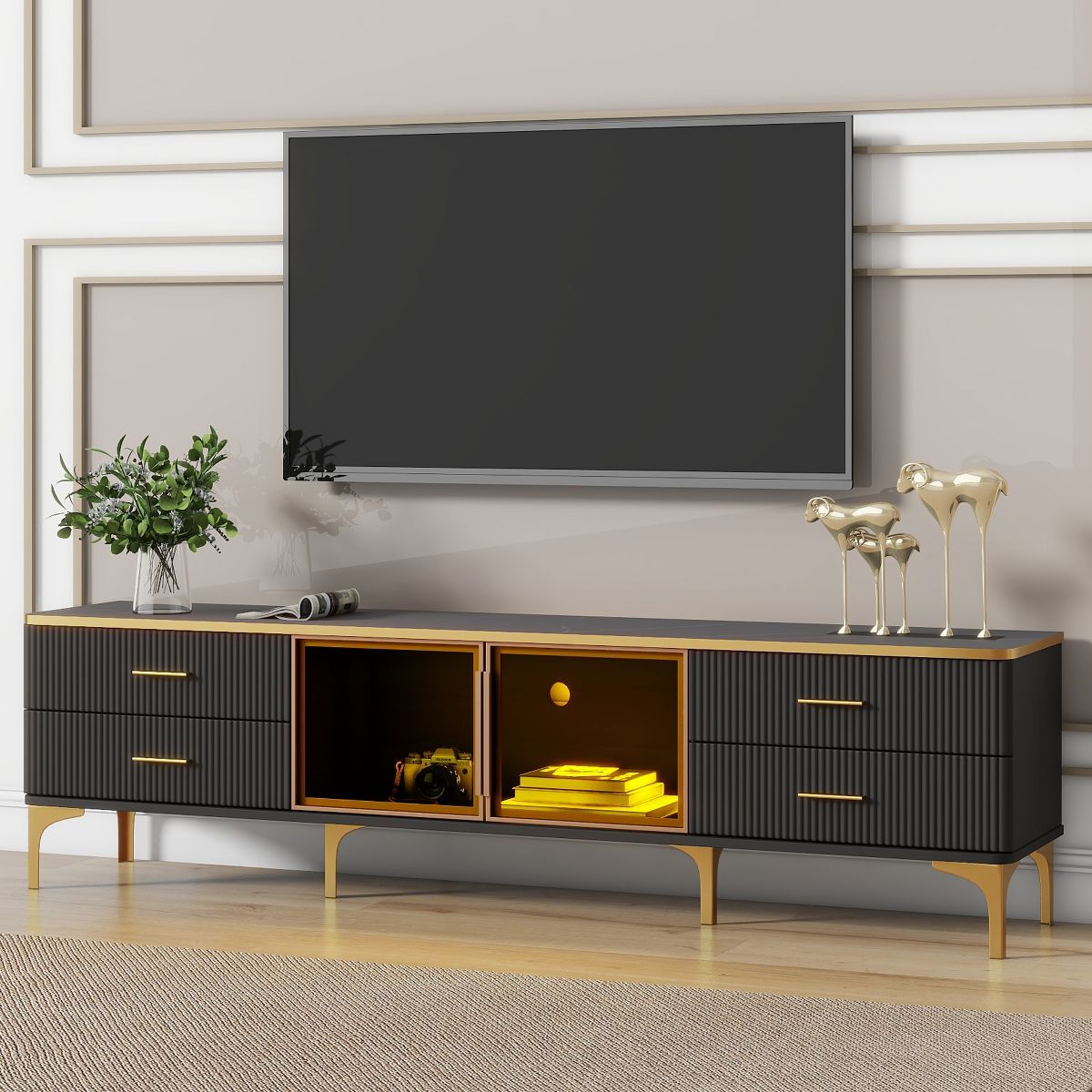 69" Stylish LED TV Stand with Marble-Veined Tabletop and Brown Glass Storage Cabinet for TVs Up t... | Target