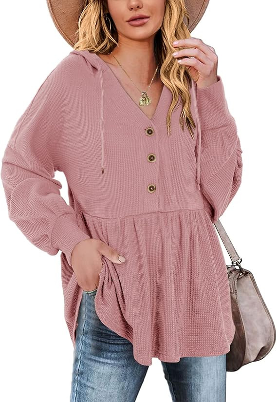 Womens V Neck Waffle Tunic Top Long Sleeve Peplum Pullover Babydoll Casual Flowy Swing Tshirts Pu... | Amazon (US)
