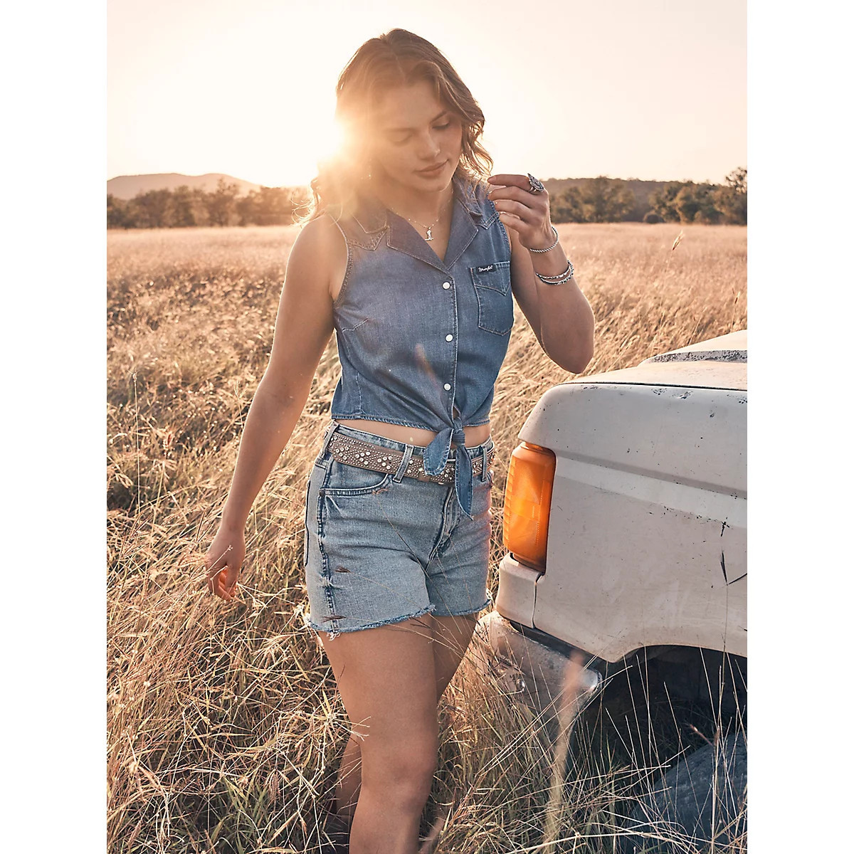 Women's Denim Sleeveless Tie Front Shirt in Mid Wash | Wrangler