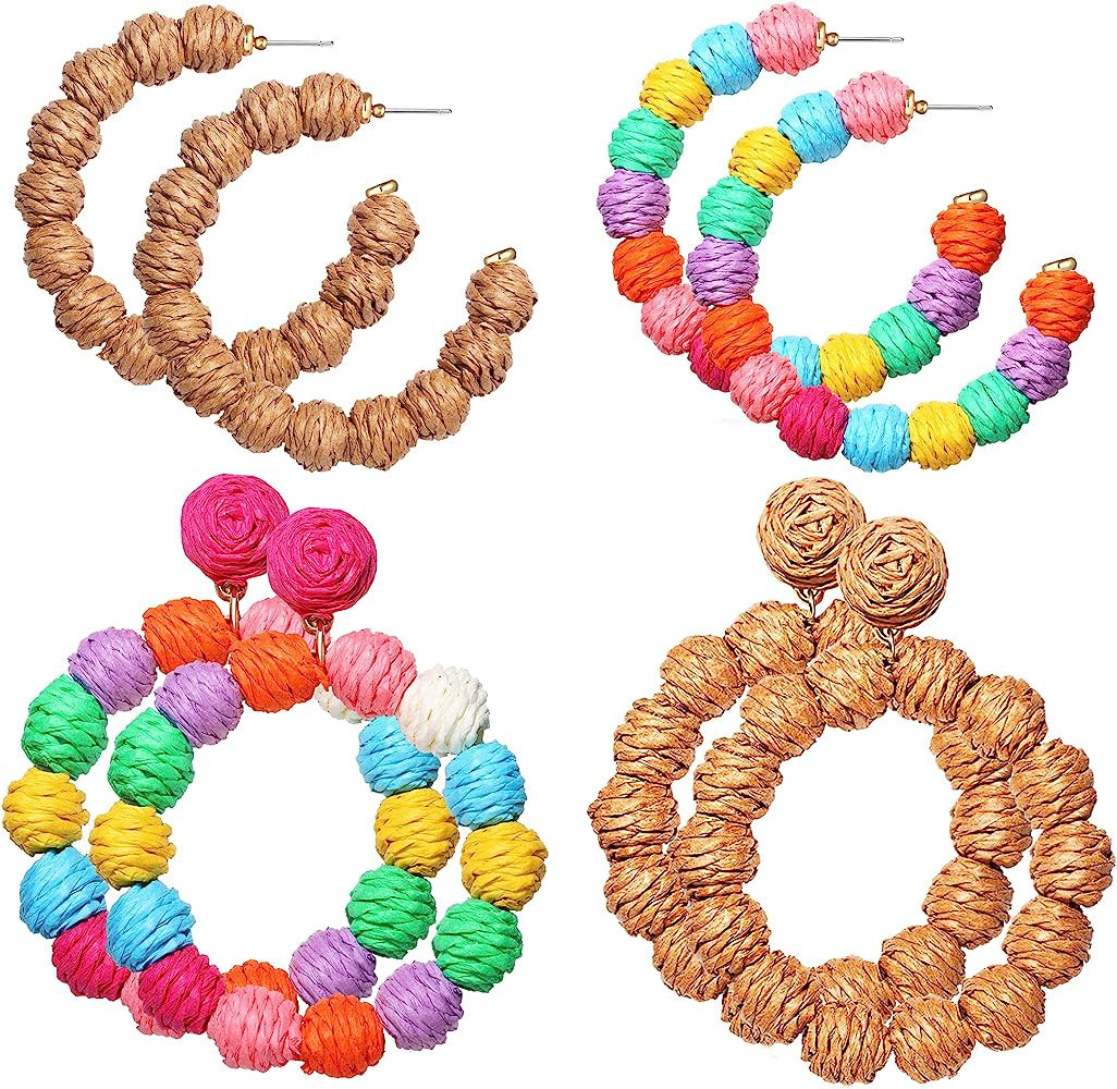 4 Pairs Raffia Earrings Boho Rattan Hoop Dangle Earrings for Women Handmade Straw Wicker Woven Ea... | Amazon (US)