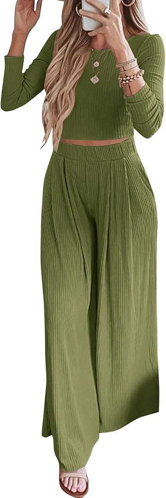 BTFBM Women's Two Piece Lounge Set Long Sleeve Bodycon Ribbed Knit Crop Top Loose Wide Leg Pant Casu | Amazon (US)