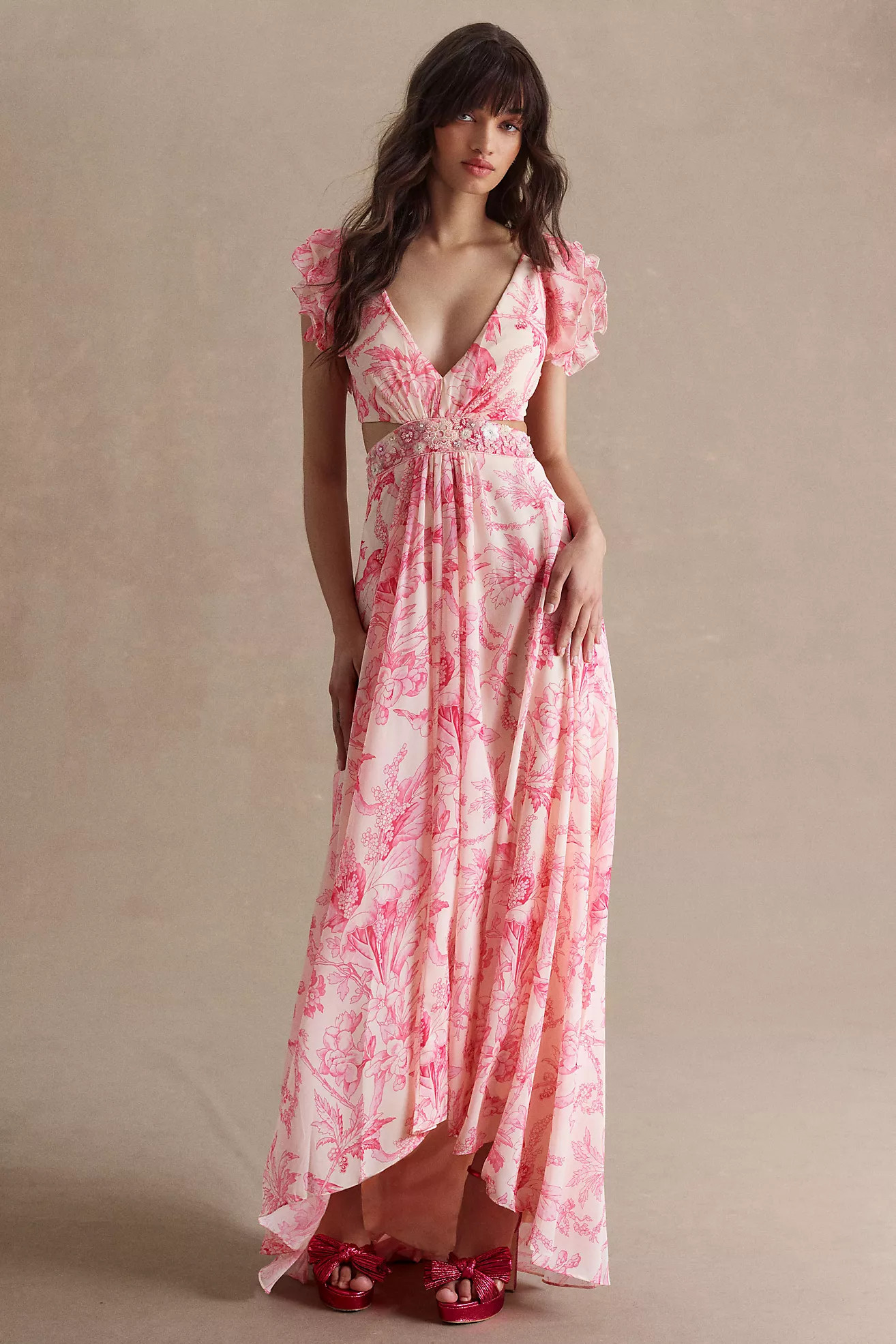 Mac Duggal Floral Flutter Cap-Sleeve V-Neck Lace-Up Gown | Anthropologie (US)