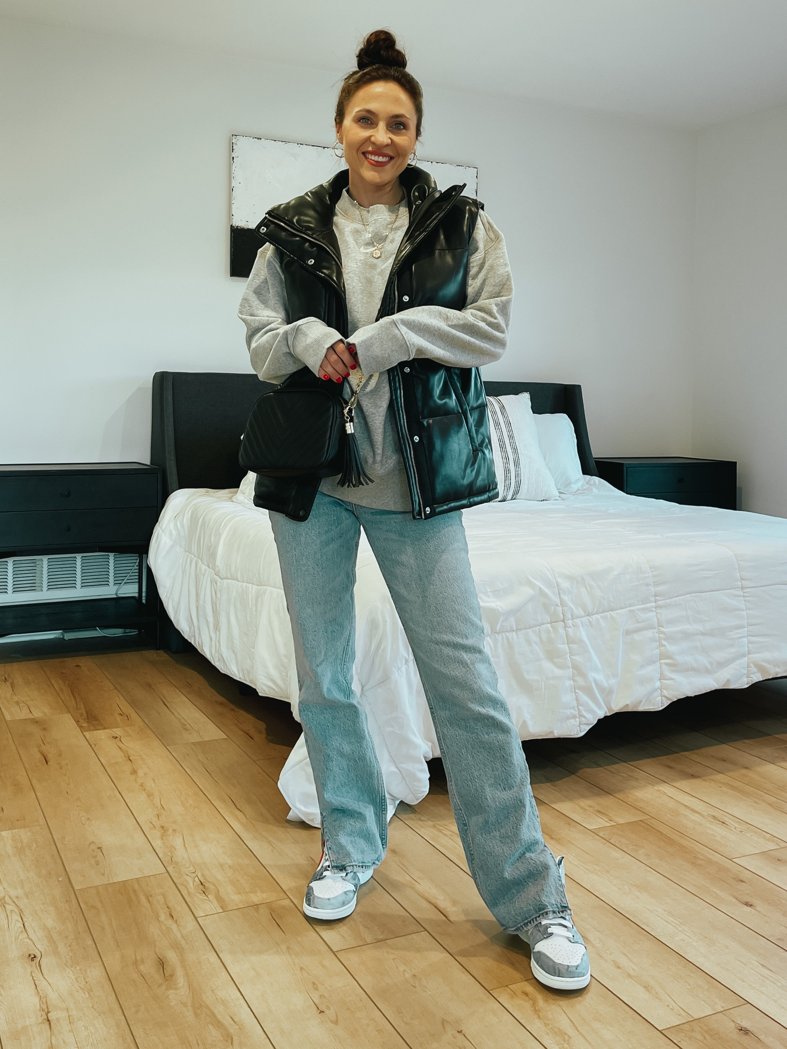 Nike dunks, high top sneakers, faux leather vest, oversized sweatshirt, casual outfit idea, casual style, Abercrombie jeans. Straight leg jeans. 

#LTKsalealert #LTKstyletip #LTKFind