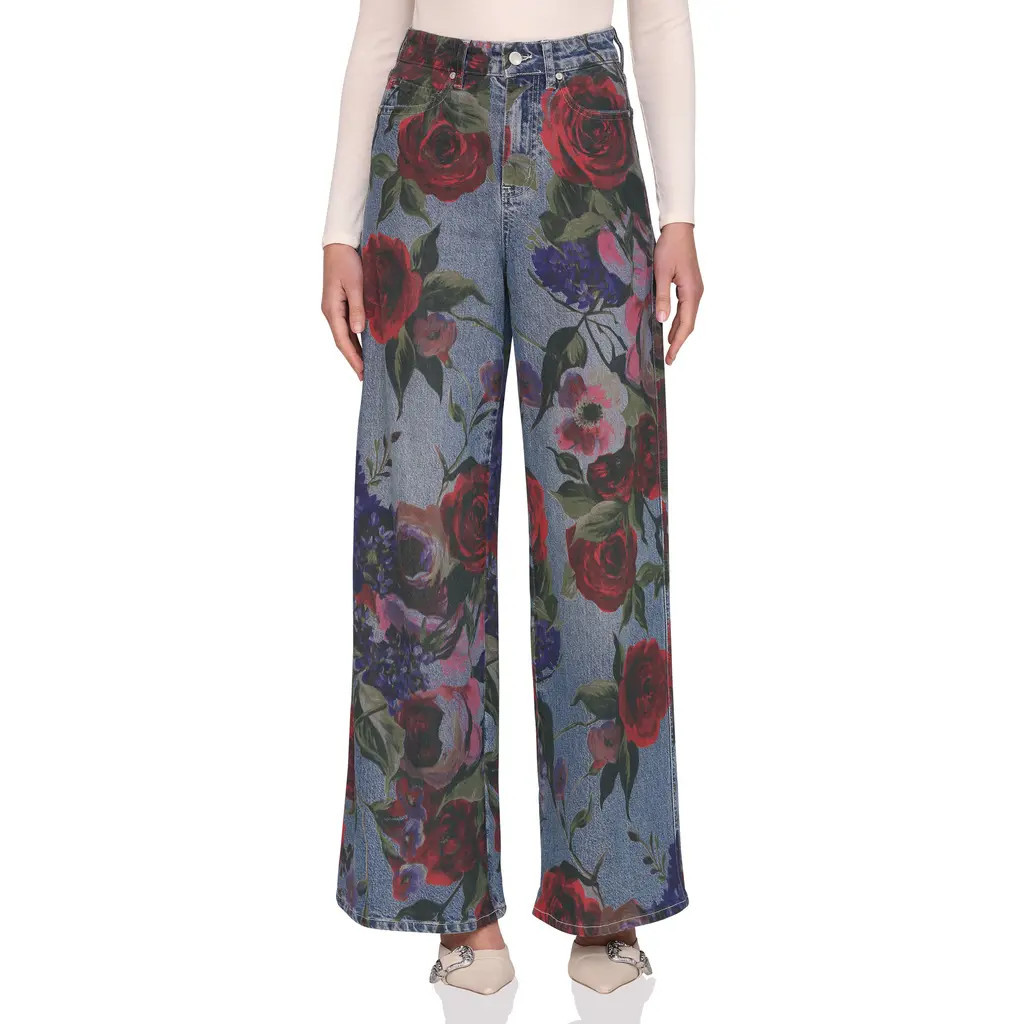 Avec Les Filles Floral Print High Waist Wide Leg Jeans in Portofino Rose at Nordstrom, Size 26 | Nordstrom