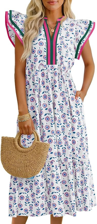 Wenrine Womens Summer Floral Midi Dresses Ruffle Cap Sleeve V Neck Flowy Boho Casual Beach Vacati... | Amazon (US)