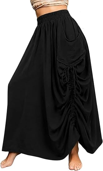RANPHEE Womens Boho Maxi Skirt Flowy Long Skirts with Pockets Ruched Drawstring Elastic Waist | Amazon (US)
