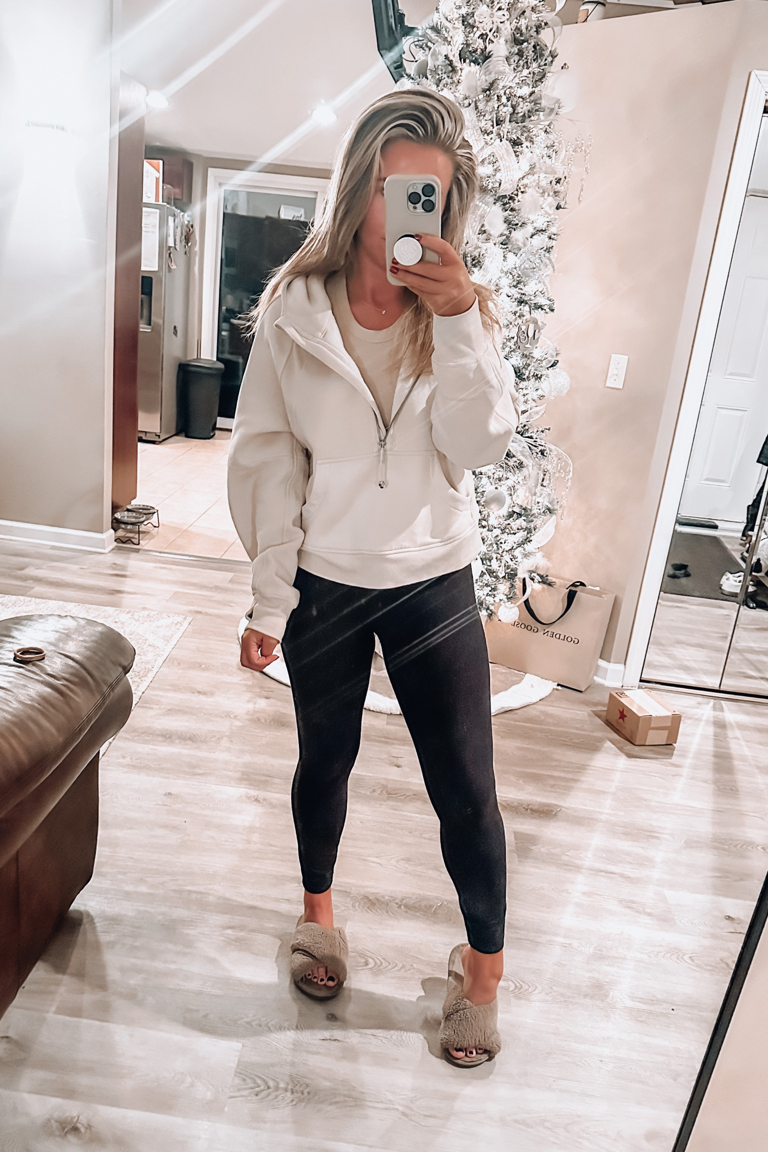 I own 4 of these cropped quarter zips for lululemon 🤭 They’re the BEST!

For reference, I’m 5’3, 130lbs, 36C, 27” jeans and size 7.5 shoe

Sweatshirt: Lululemon Scuba Oversized Half-Zip Hoodie
I’m typically a small in most tops, so all of my Scuba crops are size XS/S and they fit perfectly. Size up one for a more oversized fit

Undershirt: Amazon
I ordered a small in this cropped tank but probably could have sized up to a medium and it still have been fine. If you’re in between sizes, definitely size up

Leggings: Lululemon Align High Rise Leggings - 25”
I also own 4 pairs of these leggings because they’re my FAVORITE and are so comfortable! I’m always a size 6 in Lululemon leggings and always order the 25” inseam because I’m pretty short. The leggings stop right above my ankles with the 25” inseam 

Shoes: Amazon
These slippers run true to size. I’m a 7.5 and that’s what I ordered!

#LTKstyletip