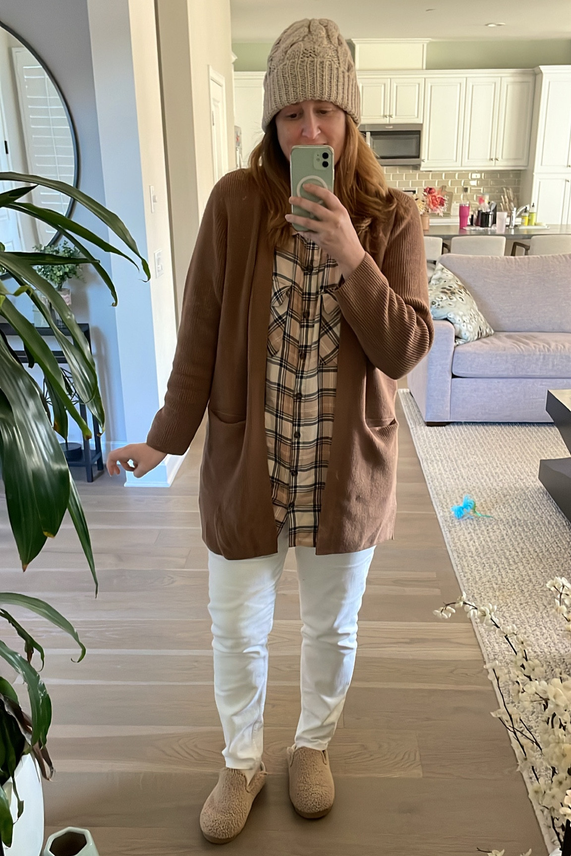 Cardigan- size L TTS 
50% off for Black Friday!!
Button down shirt - size 2XL (for that oversized look)
White skinny jeans - size 14 TTS with stretch. Not see thru at all.
Slippers - Target

#LTKCyberweek #LTKcurves #LTKsalealert