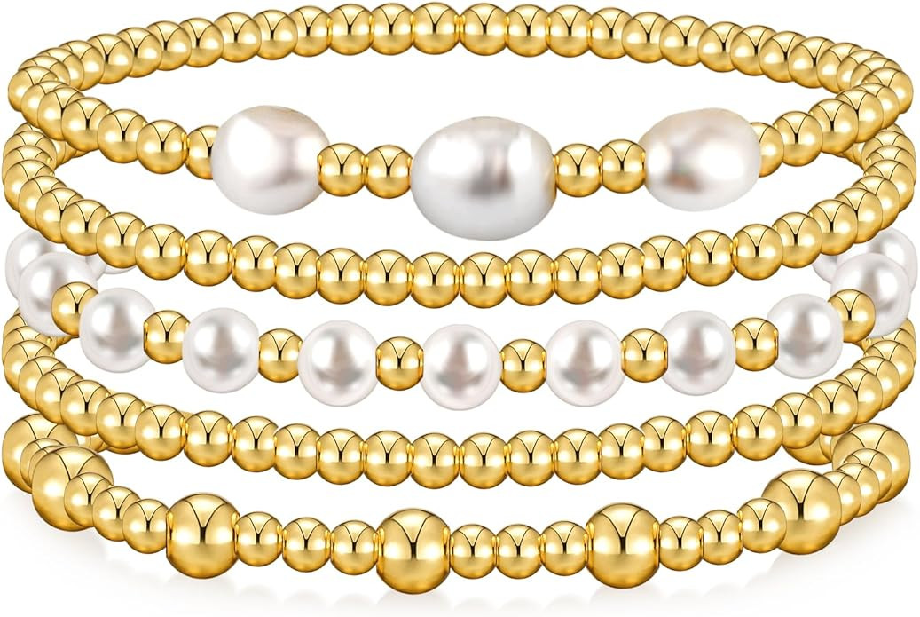 Gold Bracelets for Women Gold Bracelet Stack Pearl Bracelet Beaded Bracelets for Women 14K Gold P... | Amazon (US)