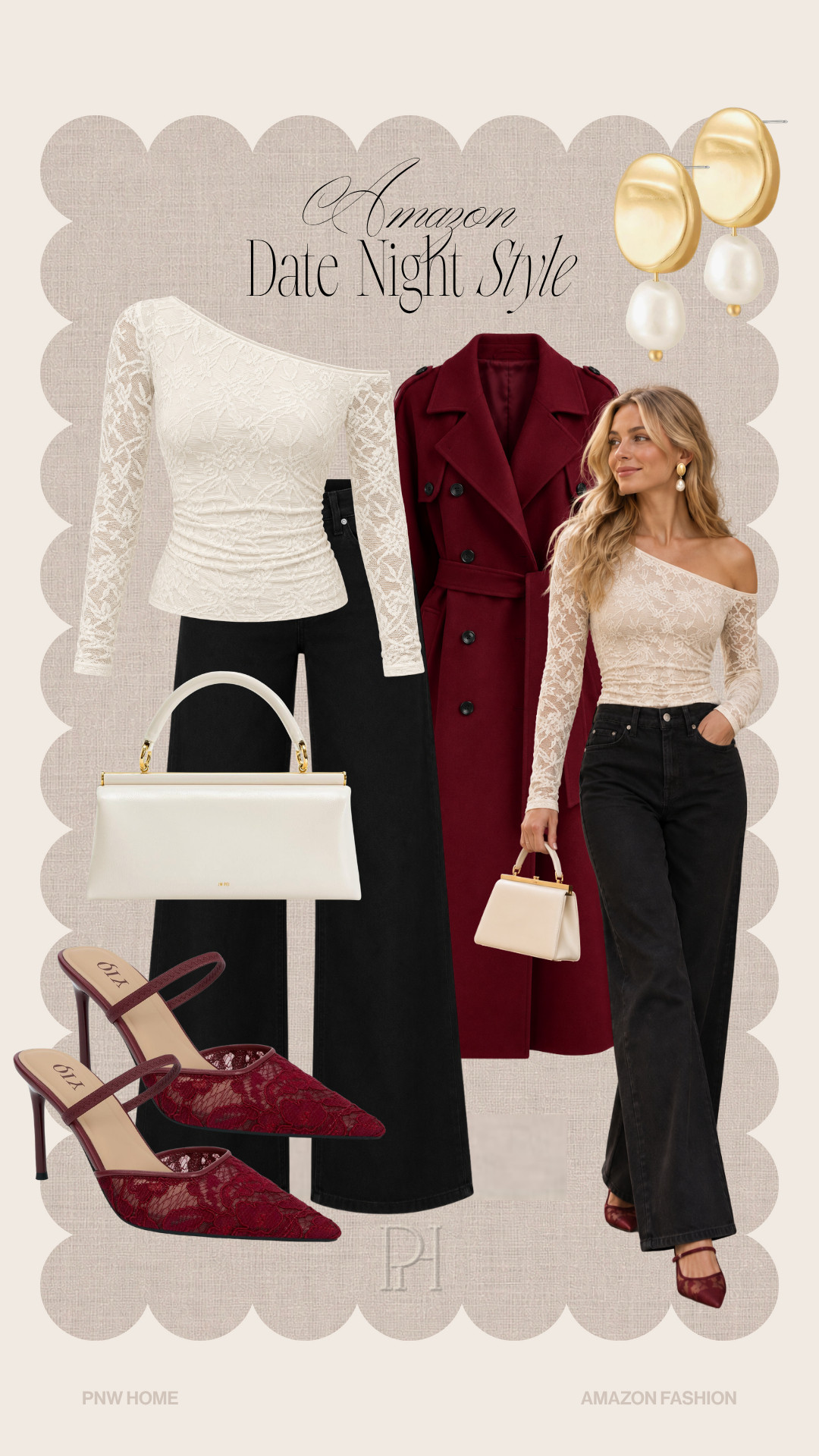 Date night look finds on Amazon!

fall date night, fall fashion, fall style, fall look, date night outfit, winter look, winter style, winter outfit, holiday party look, Thanksgiving dinner outfit, burgundy coat, winter trench coat, black jeans, wide leg jeans, black denim, burgundy shoes, lace pumps, red high heels, Christmas party look, white top, asymmetrical top, white blouse, evening look, pearl earrings 

 #LTKgrwm #LTKootd #LTKTall